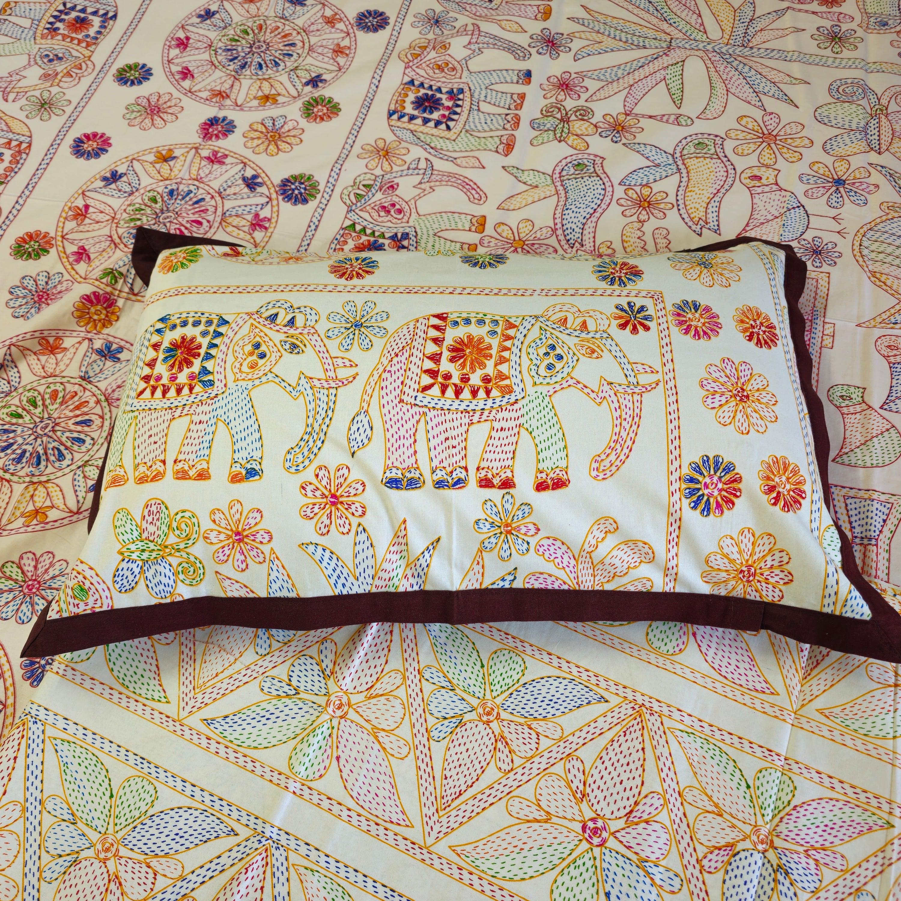 Pure Cotton White Multi Colour Bed Sheet With Brown Border