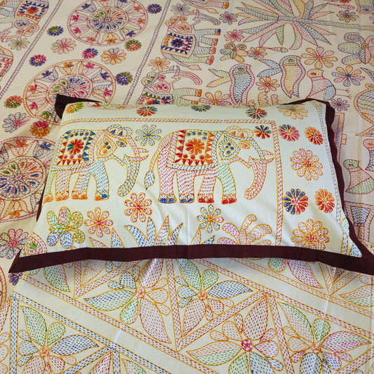 Pure Cotton White Multi Colour Bed Sheet With Brown Border