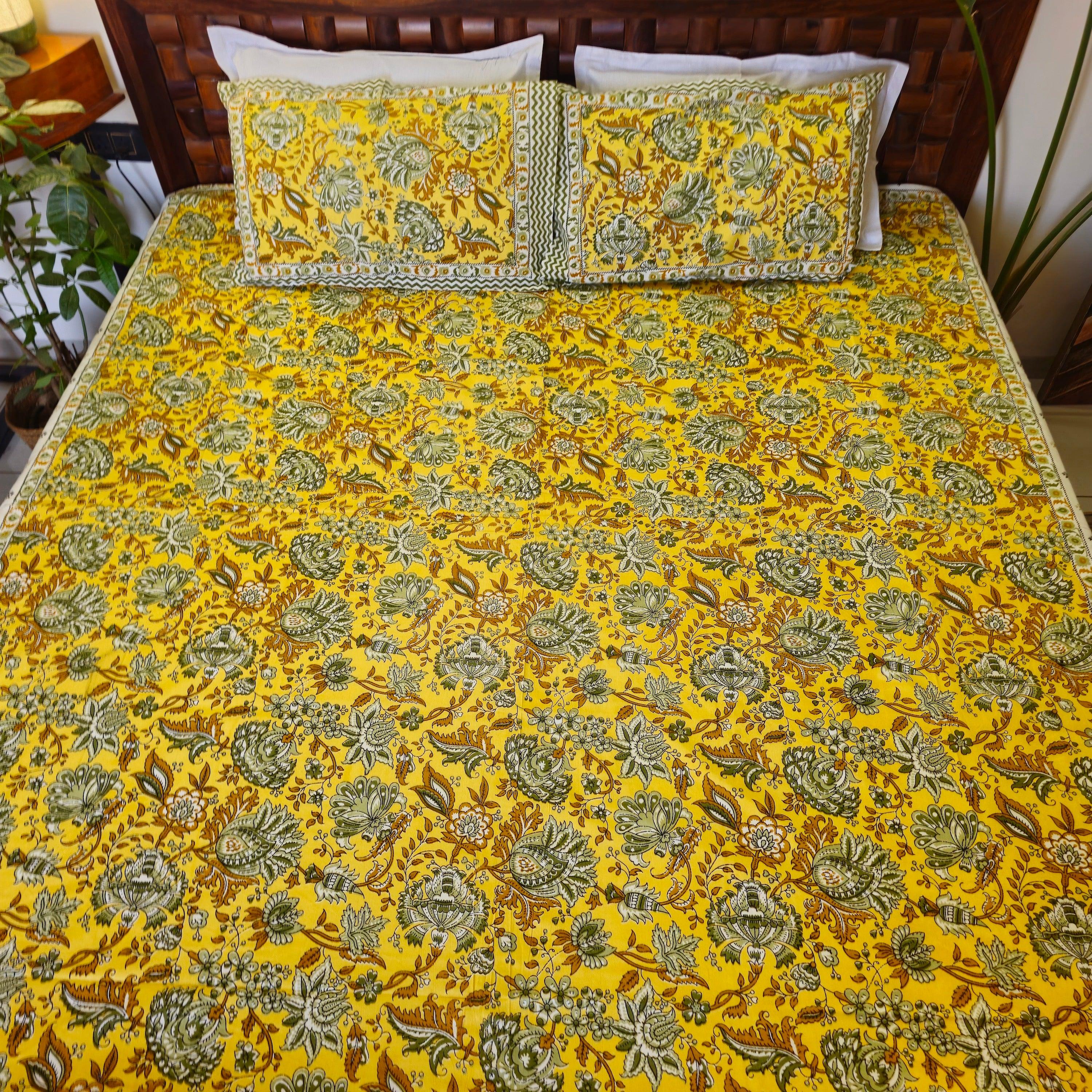 Pure Cotton White And Yellow Floral King Size Bed Sheet