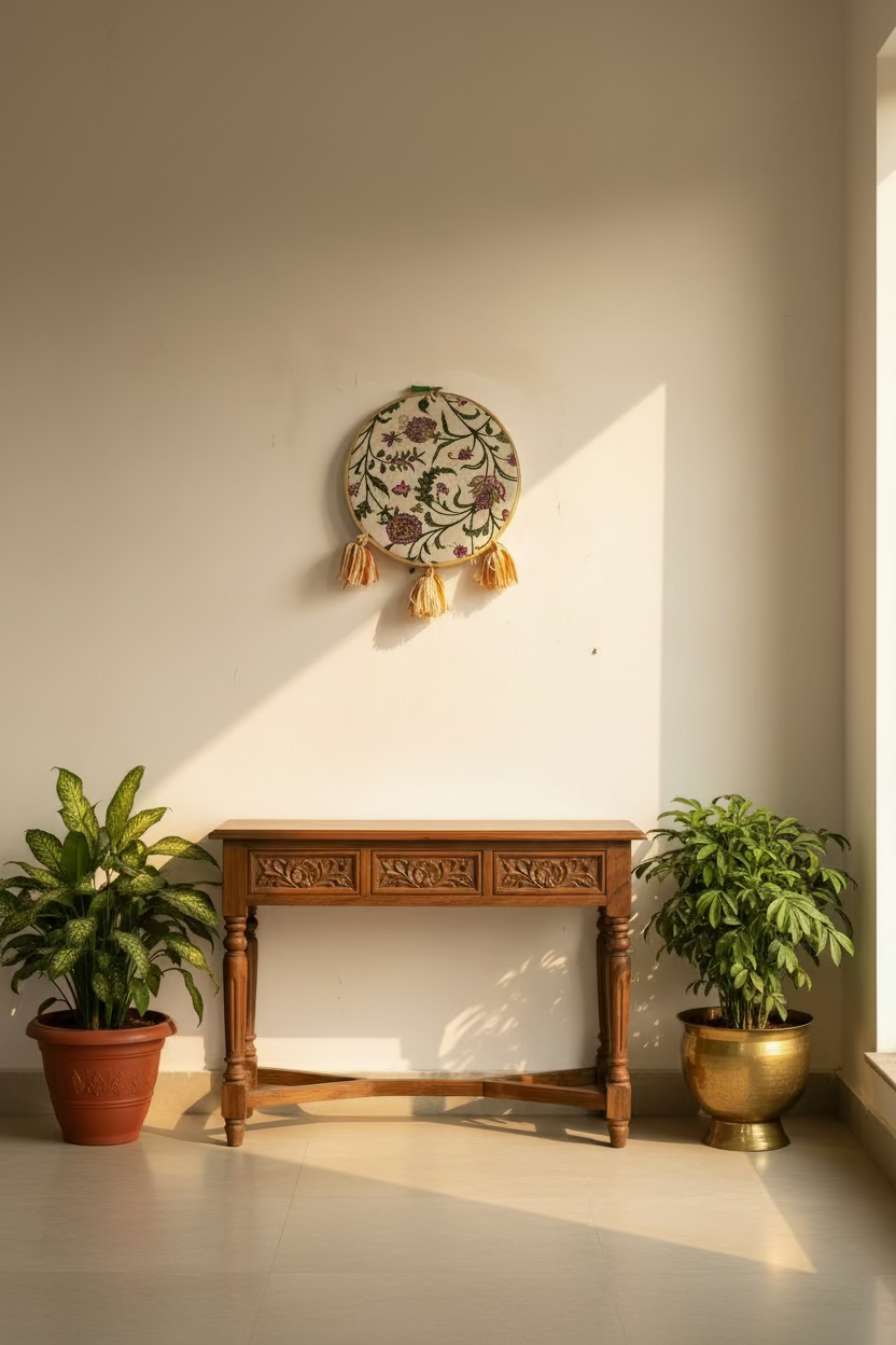 Wooden console table with decorative plate, potted plants, and a gold bowl against a white wall.