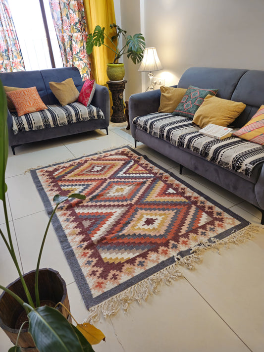6x4 ft Handwoven Yellow Orange Woollen Rug with Multicolor Diamond Pattern