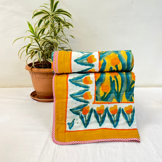 Yellow And Green Abstract Print Pure Cotton Reversible Dohar Single Bed Size|image2