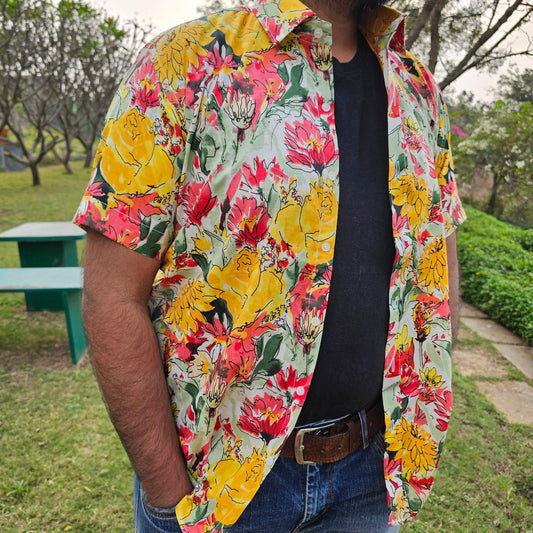 Yellow Floral Pattern Unisex Cotton Shirt