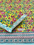 Yellow Floral Hand Block Printed Cotton Bedsheet – Red & Teal Motifs with Teal Border (King Size)