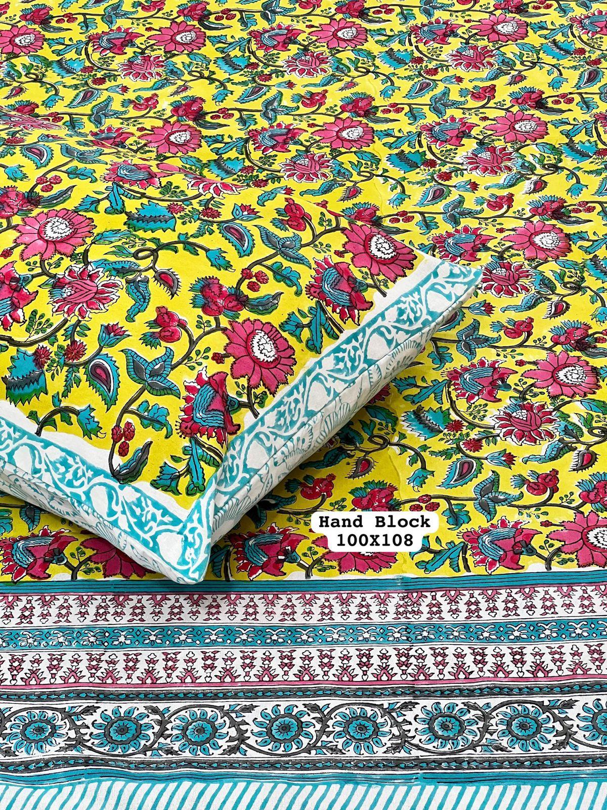 Yellow Floral Hand Block Printed Cotton Bedsheet – Red & Teal Motifs with Teal Border (King Size)