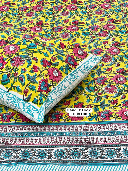 Yellow Floral Hand Block Printed Cotton Bedsheet – Red & Teal Motifs with Teal Border (King Size)