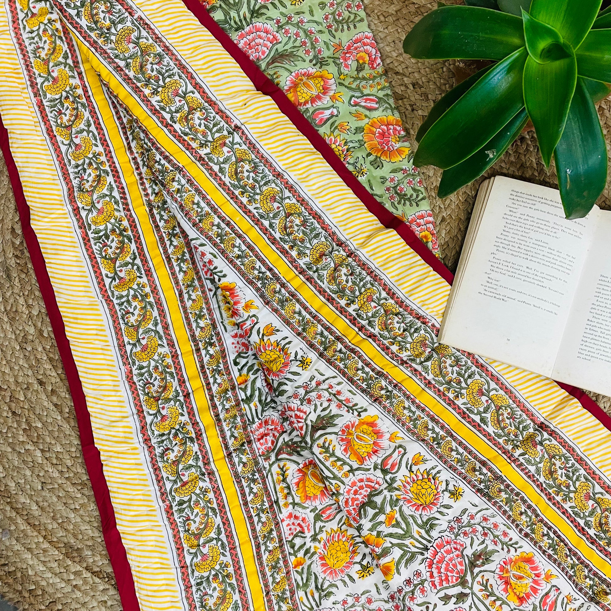 Yellow Floral Handblock Printed Side of Reversible Baby Quilt – Mulmul Cotton for toddler