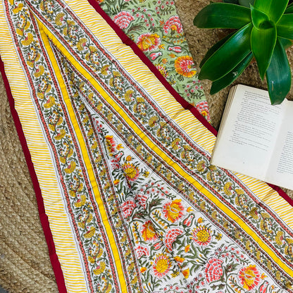 Yellow Floral Handblock Printed Side of Reversible Baby Quilt – Mulmul Cotton for toddler