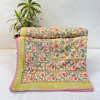Yellow Floral Print Pure Cotton Reversible Dohar Single Bed Size|imae2