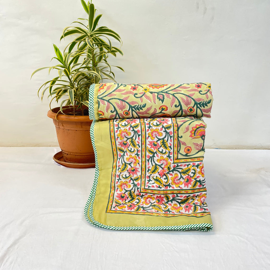Yellow Floral Print Pure Cotton Reversible Dohar Single Bed Size|imae3