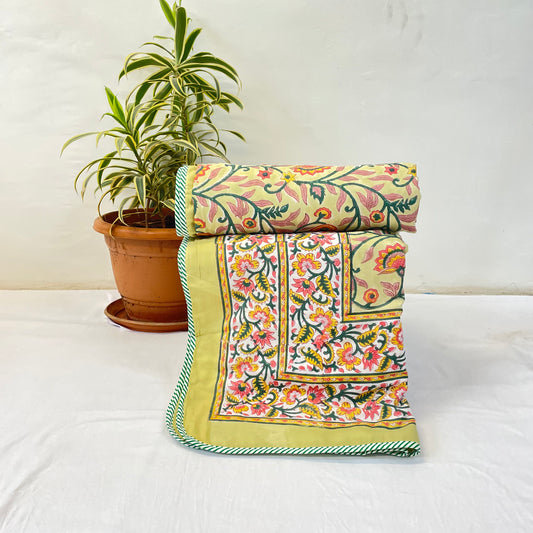 Yellow Floral Print Pure Cotton Reversible Dohar Single Bed Size|imae3