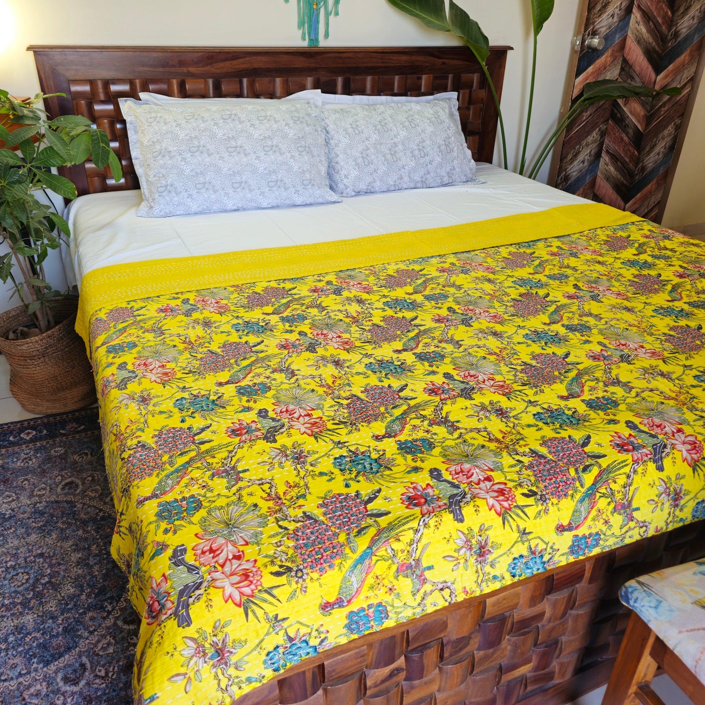 Yellow Kantha Work Floral Single Bedcover