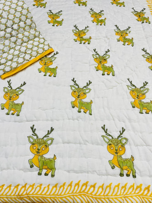 Yellow & Green Deer Print Handblock Cotton Blanket