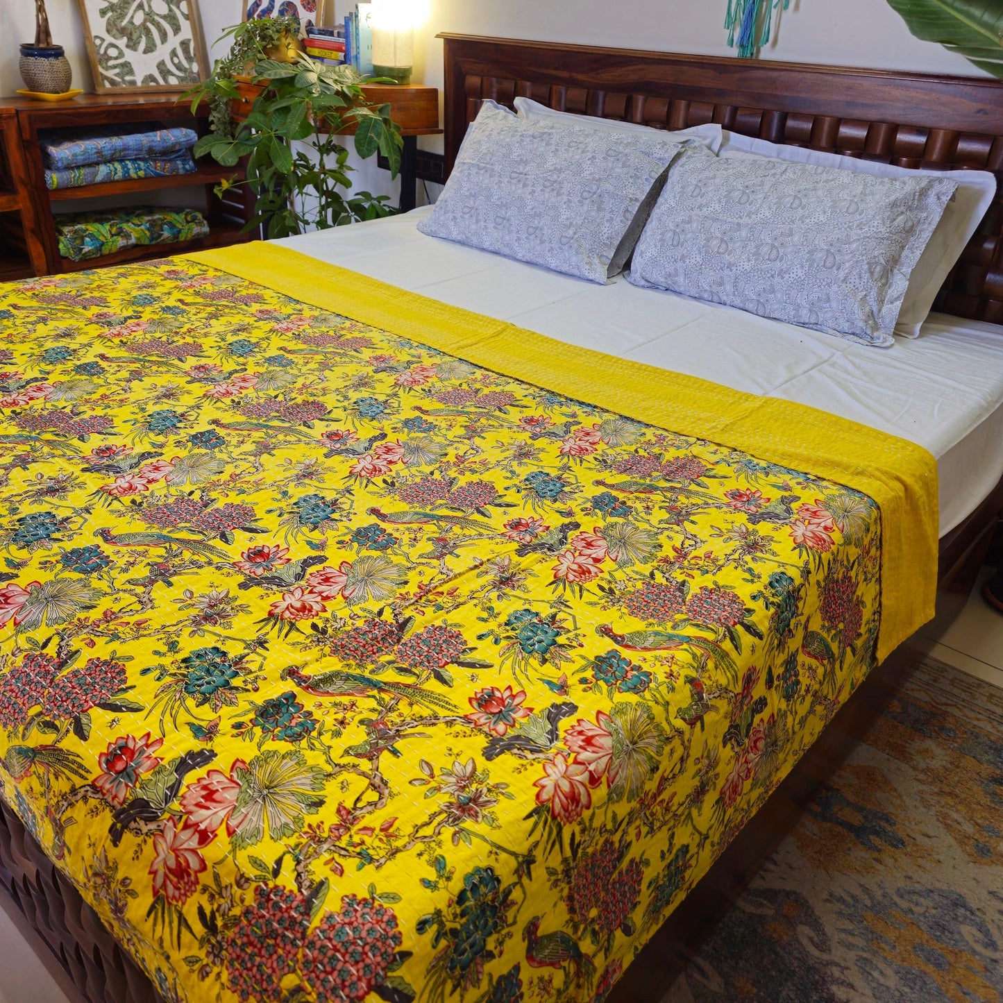 Yellow Kantha Work Floral Single Bedcover