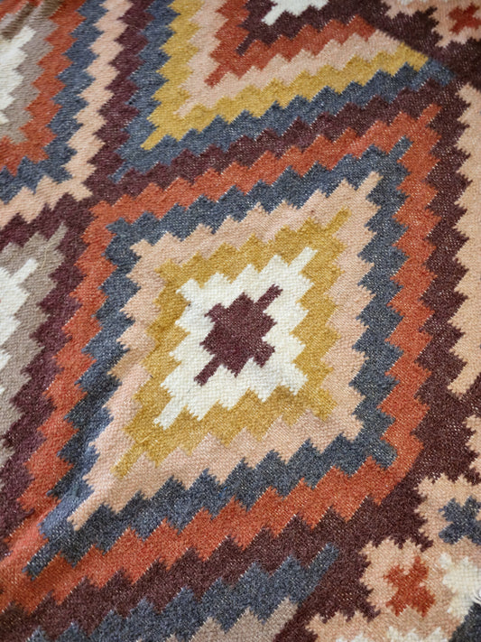 6x4 ft Handwoven Yellow Orange Woollen Rug with Multicolor Diamond Pattern