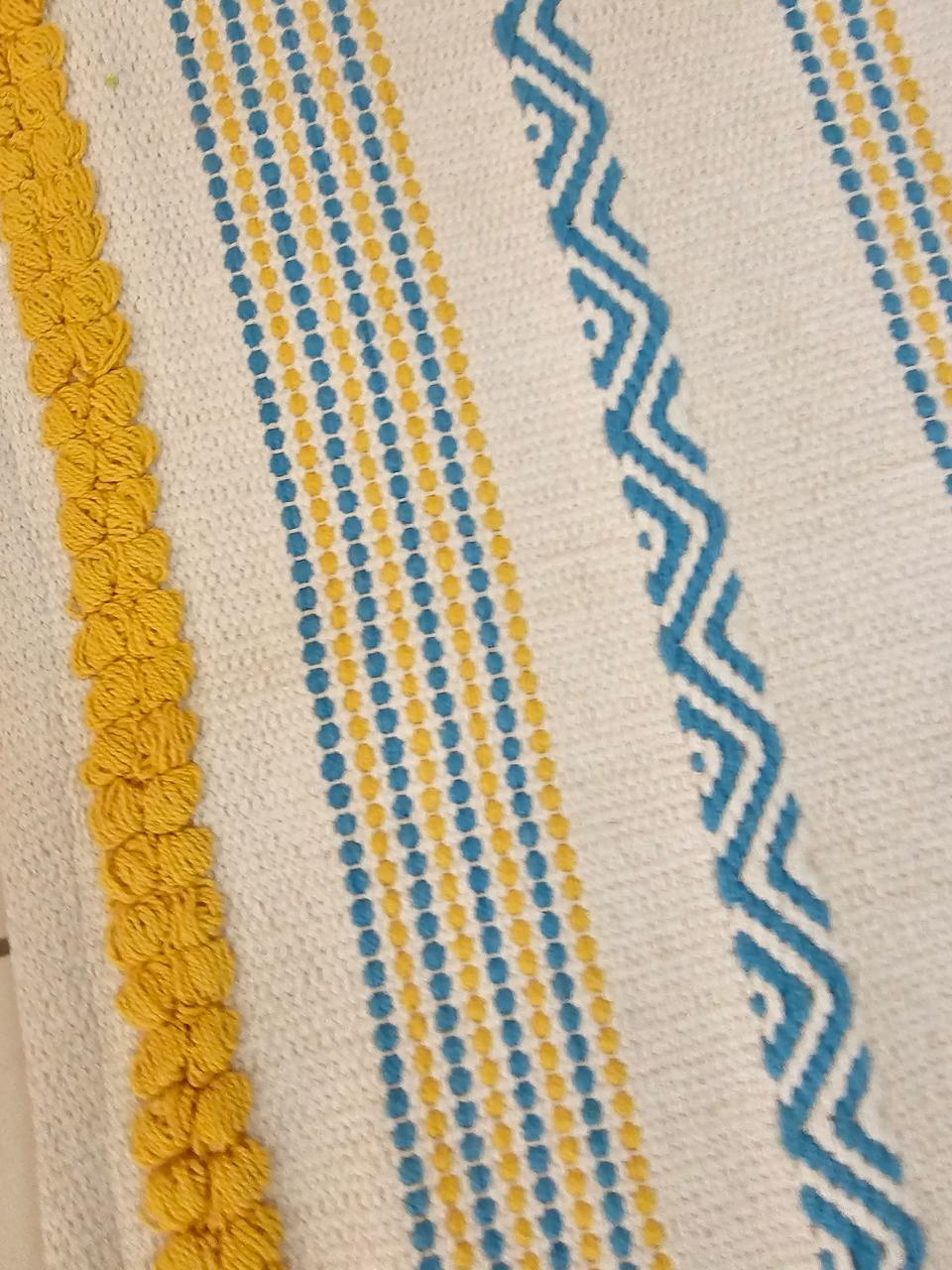 Handtufted Cotton Accent Rug | Off-White Floor Mat with Blue and Yellow Tufted Details