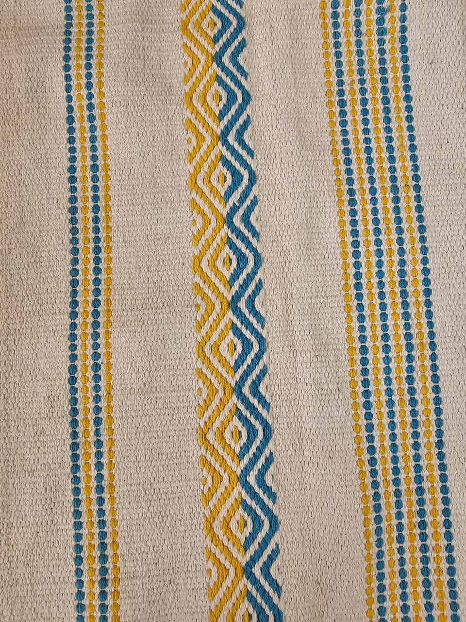 Handtufted Cotton Accent Rug | Off-White Floor Mat with Blue and Yellow Tufted Details