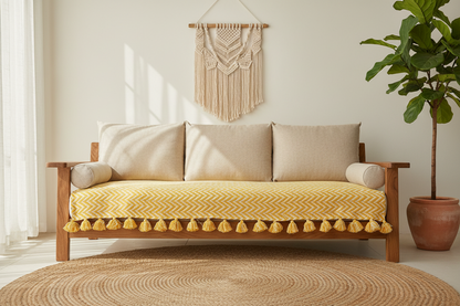 Thick Handloom Yellow and White Sofa Cover | Zig Zag Geometrical Pattern & Yellow and White Woollen Tassels