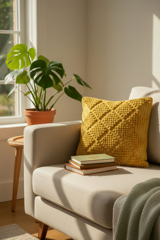 Yellow knitted pillow on a floral cushion with a blurred background