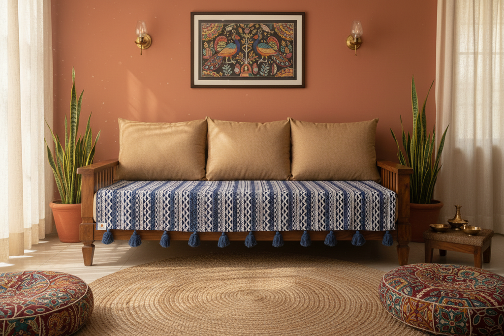 Thick Handloom Blue & White Geometric Sofa Cover with Zig Zag Pattern and Woollen Tassels