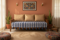 Thick Handloom Blue & White Geometric Sofa Cover with Zig Zag Pattern and Woollen Tassels