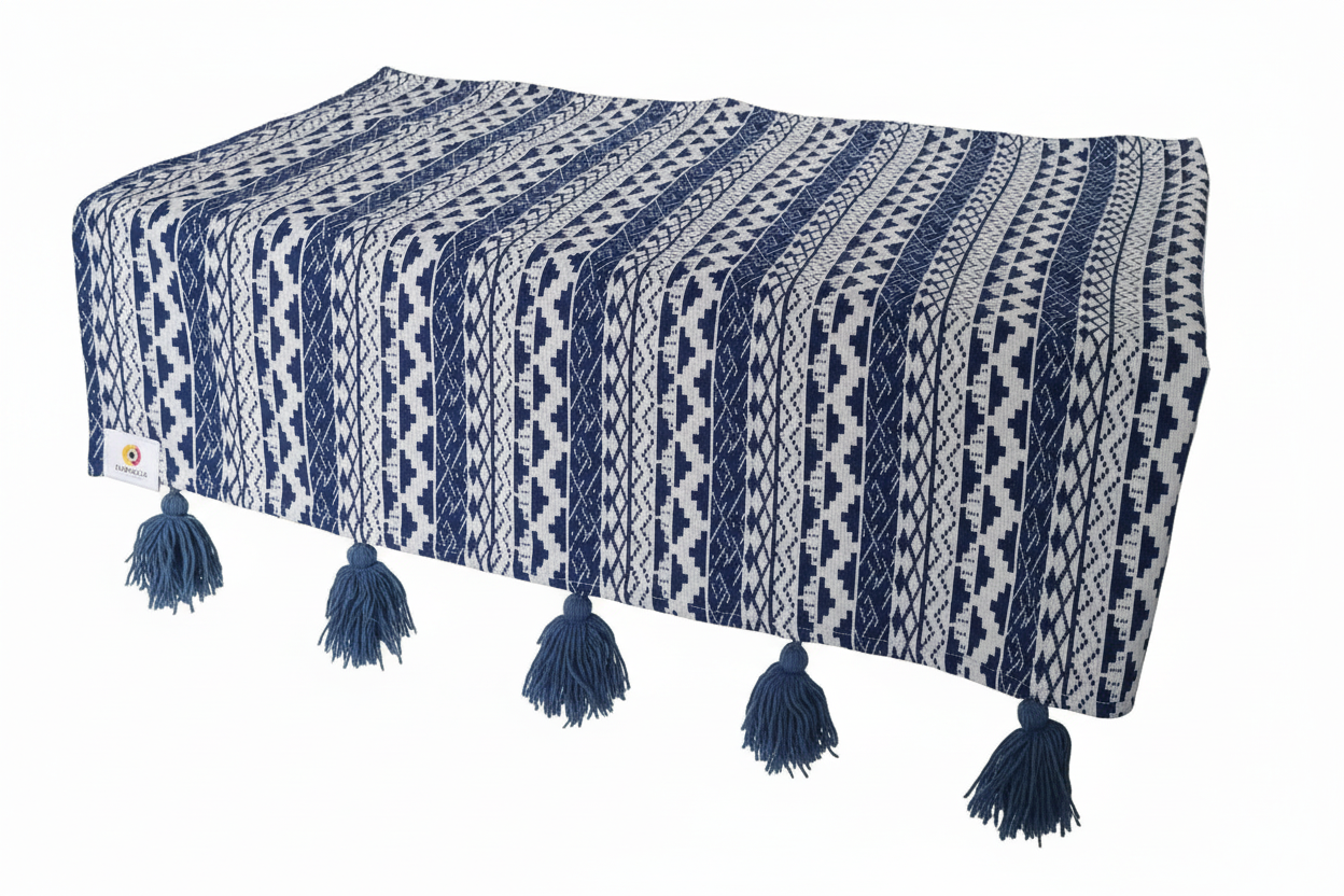 Thick Handloom Blue & White Geometric Sofa Cover with Zig Zag Pattern and Woollen Tassels