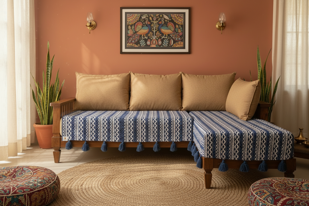 Thick Handloom Blue & White Geometric Sofa Cover with Zig Zag Pattern and Woollen Tassels