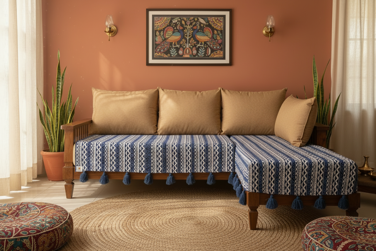 Thick Handloom Blue & White Geometric Sofa Cover with Zig Zag Pattern and Woollen Tassels