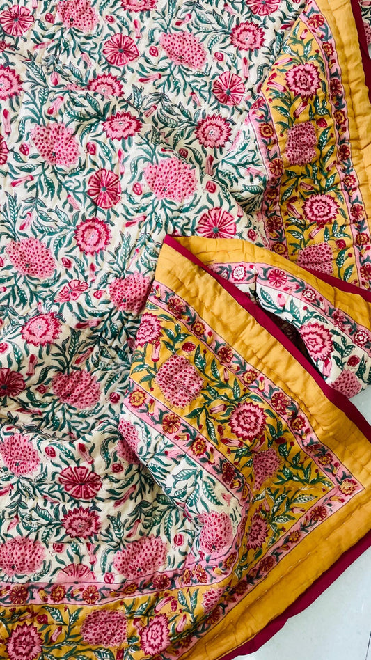 Mustard Yellow Floral Print Reversible Mul Cotton Dohar | Single Bed Size (60x90 in)