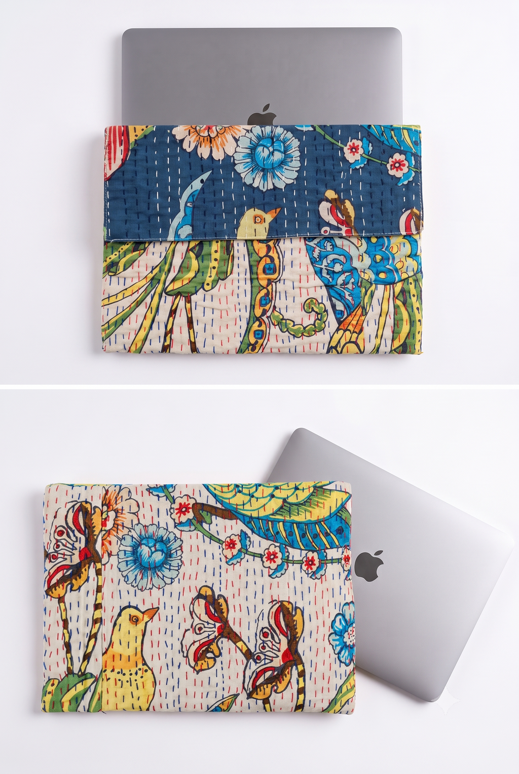Two fabric laptop sleeves with a colorful, artistic bird and floral pattern are shown in a two-panel layout. The top panel shows a dark blue patterned sleeve holding a silver laptop.