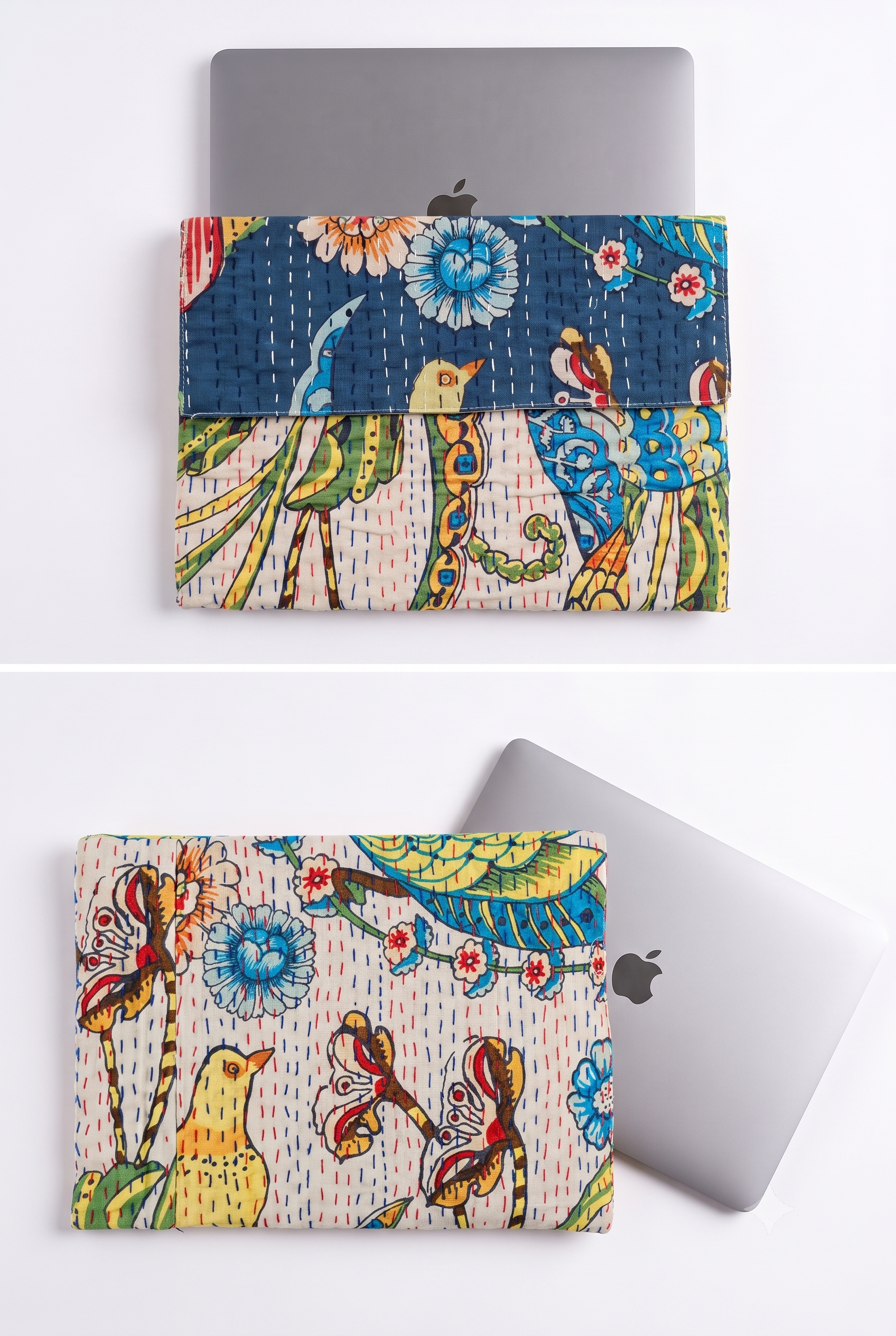 Two fabric laptop sleeves with a colorful, artistic bird and floral pattern are shown in a two-panel layout. The top panel shows a dark blue patterned sleeve holding a silver laptop.