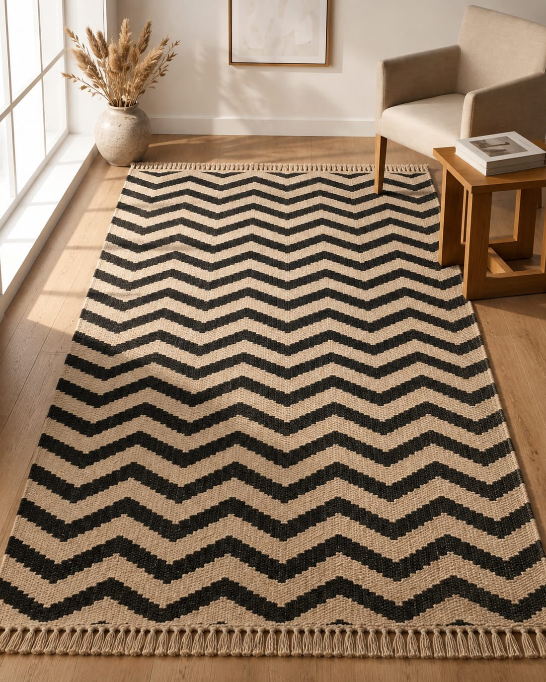Black and white chevron geometric flatweave cotton area rug styled in a modern bohemian living room with fringe details.