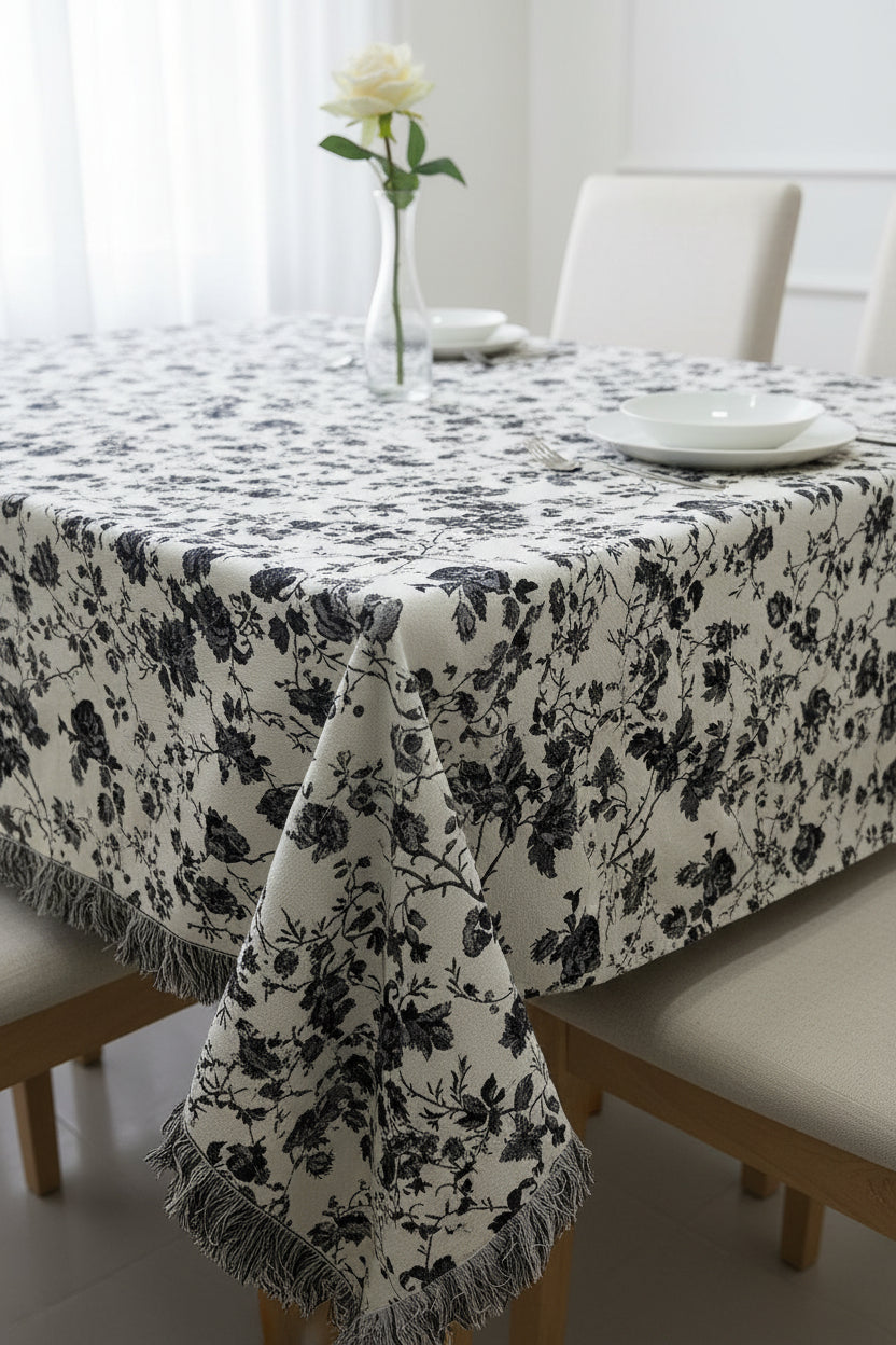 Black and white floral cotton jacquard table cover featuring a reversible monochrome woven pattern and decorative fringe tassels