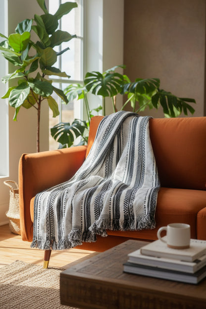 black and white boho sofa throw