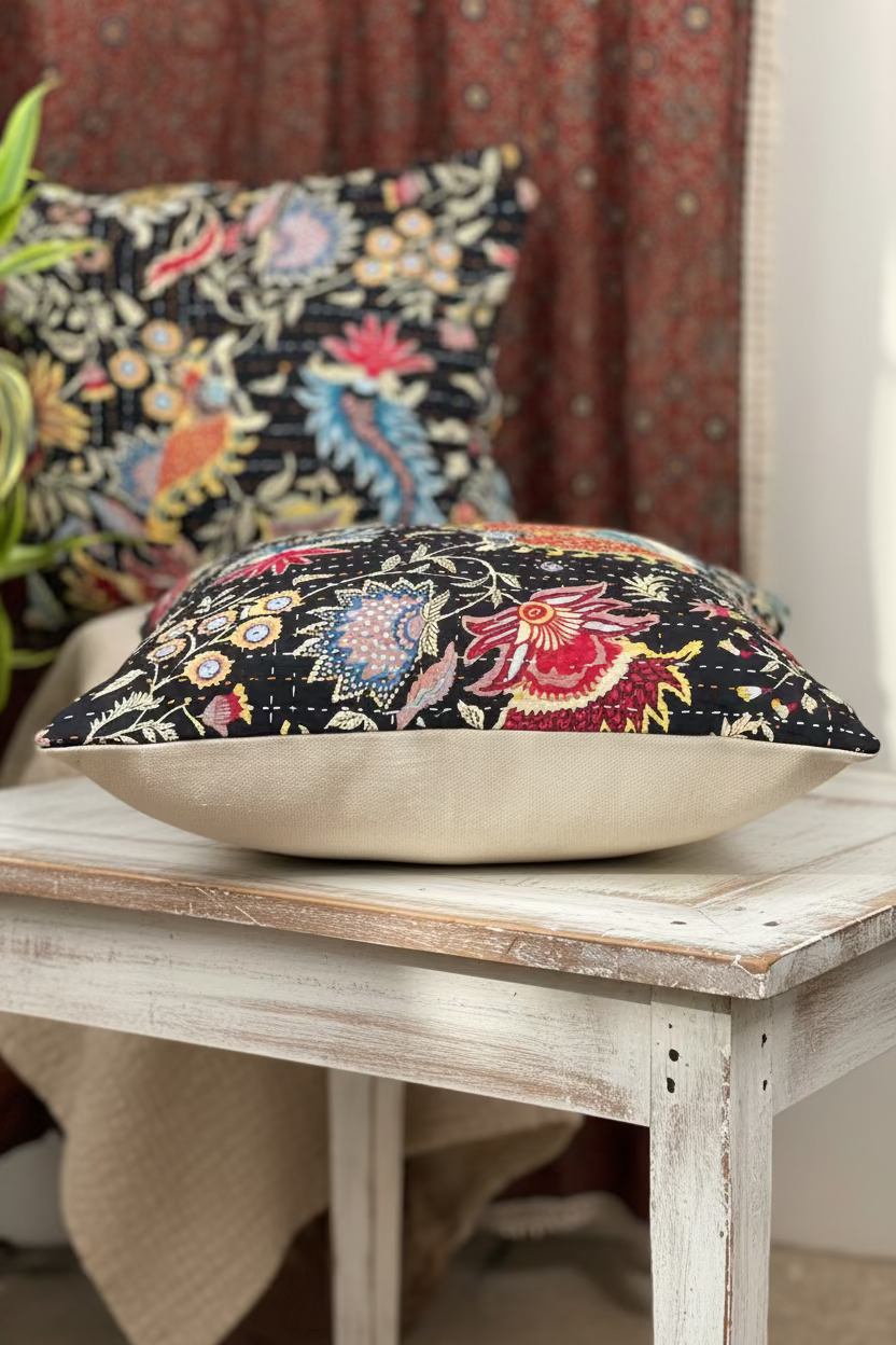 black floral kantha cushion