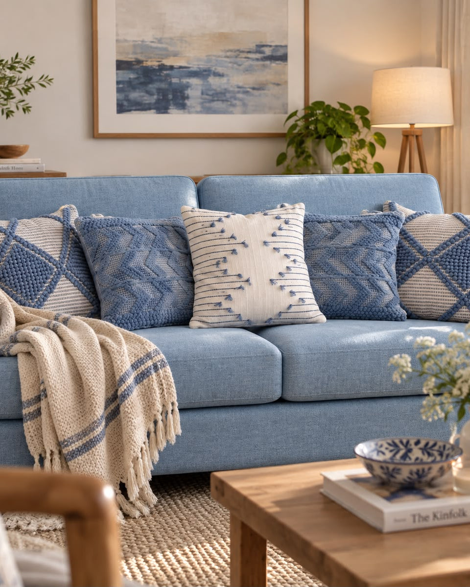 Set of 5 coastal boho-style cotton cushion covers, featuring two end pillows with blue tufted diamonds, two inner pillows with textured blue patterns, and a central white pillow with blue tufted lines and tassels, arranged neatly on a blue sofa in a bright living room.