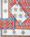 100x108 inch king size cotton bedsheet and matching pillow covers styled with a traditional blue and red-orange handblock floral print.