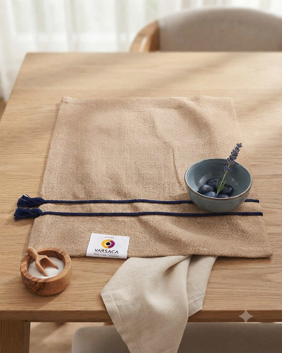 Natural textured burlap-style cotton placemat featuring navy blue horizontal stripes and side tassels.