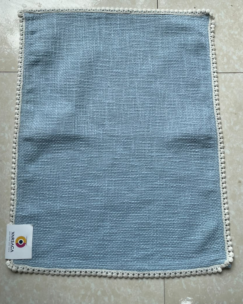 Blue Striped Cotton Table Placemat | Pom-Pom Trim Dining Mat | Rectangular Artisanal Table Decor