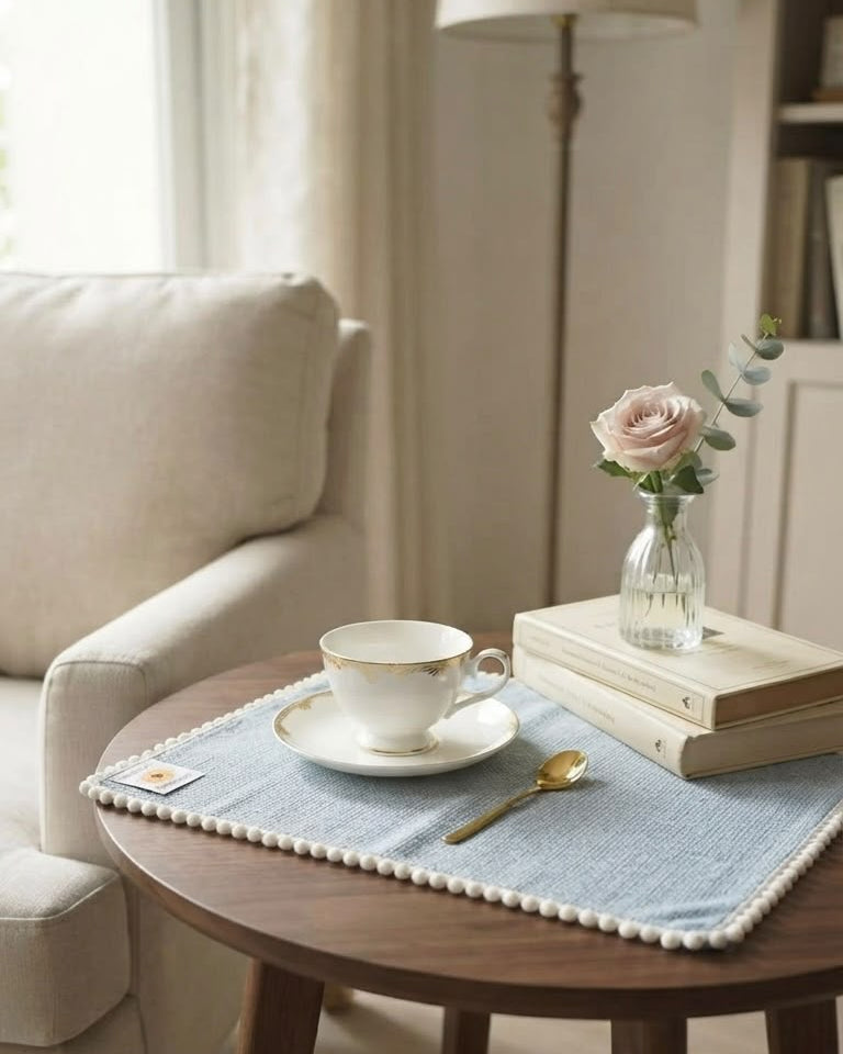 Blue Striped Cotton Table Placemat | Pom-Pom Trim Dining Mat | Rectangular Artisanal Table Decor