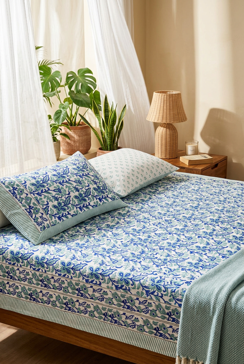 Handblock Printed 100% Cotton King Size Bedsheet | Blue & Teal Floral Vine Print Set