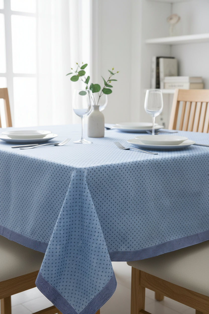 Blue and white small-print cotton table cover featuring a delicate micro-pattern and a contrasting checkered border trim.  