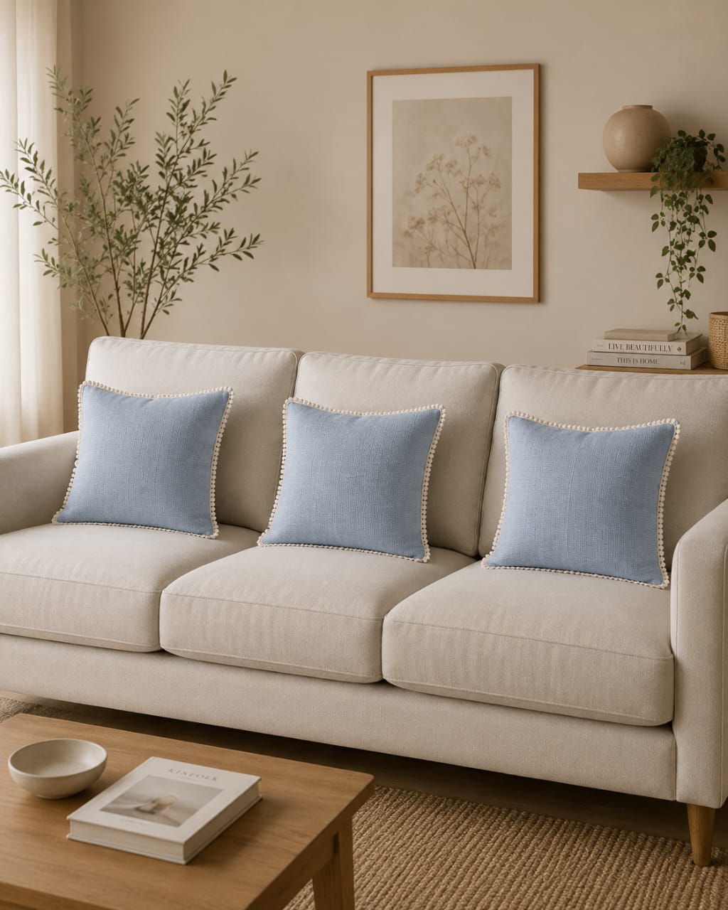 Sky Blue Handloom Jute Cotton Cushion Cover with Lace Detail