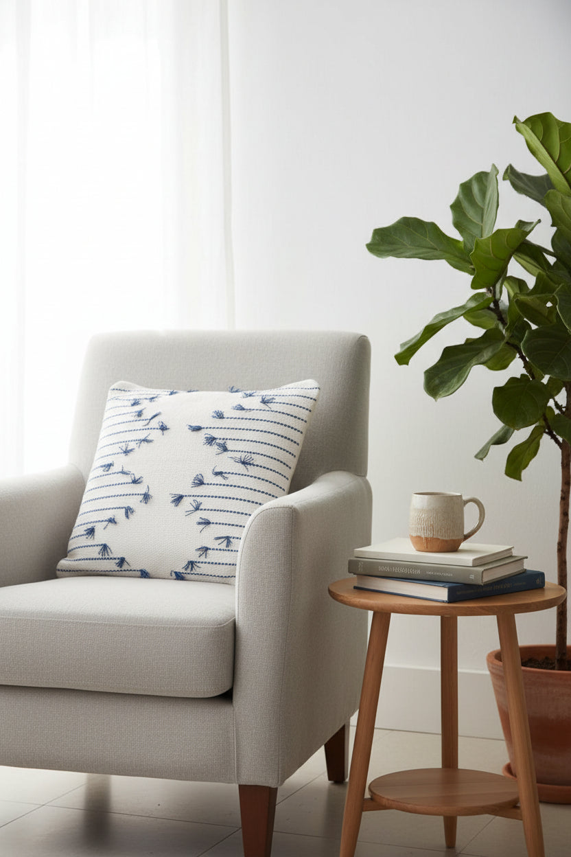 blue and white boho cushion