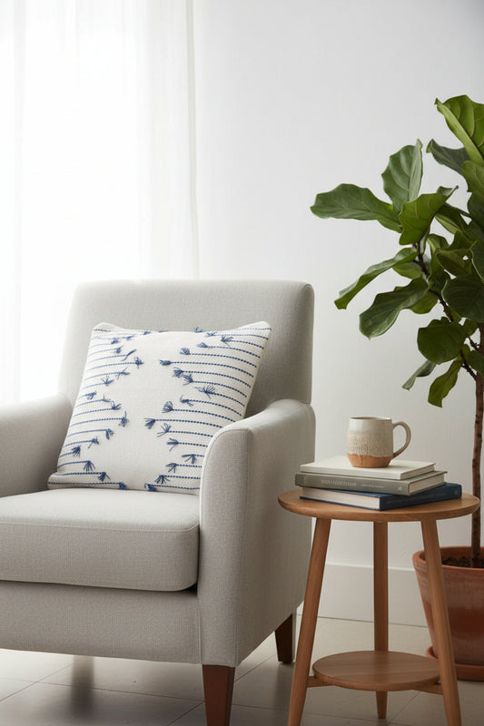 blue and white boho cushion