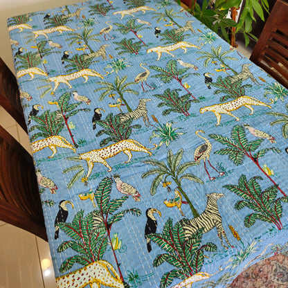 Sky Blue Animal Print Kantha Work Handmade Table Cover