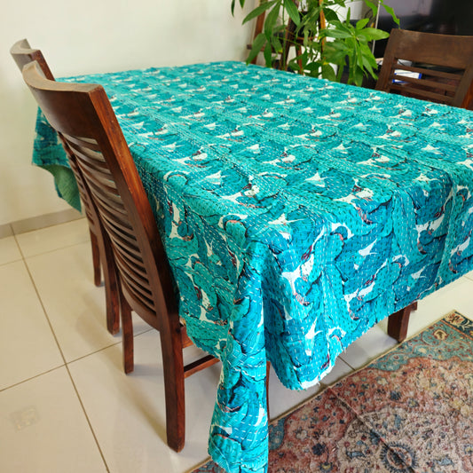 Blue Banana Leaves Kantha Work Handmade Table Cover