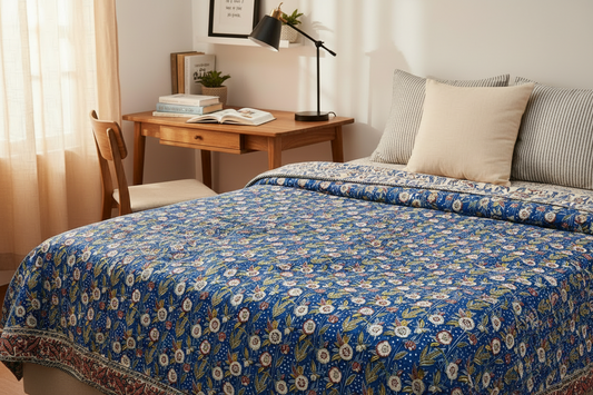 Blue Reversible Single Dohar – Hand Block Printed Cotton with White, Yellow & Peach Floral Motifs