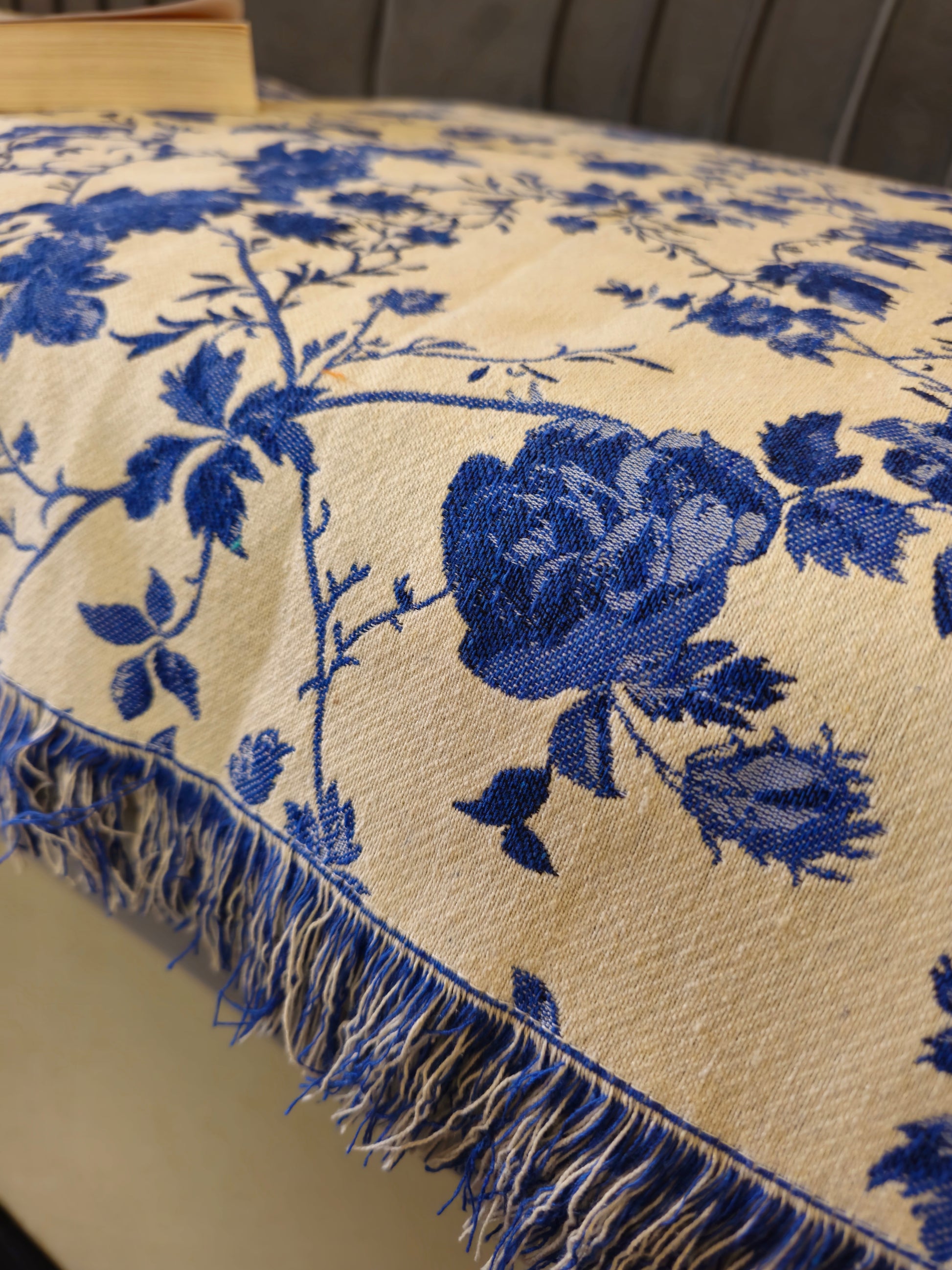 blue floral woven throw