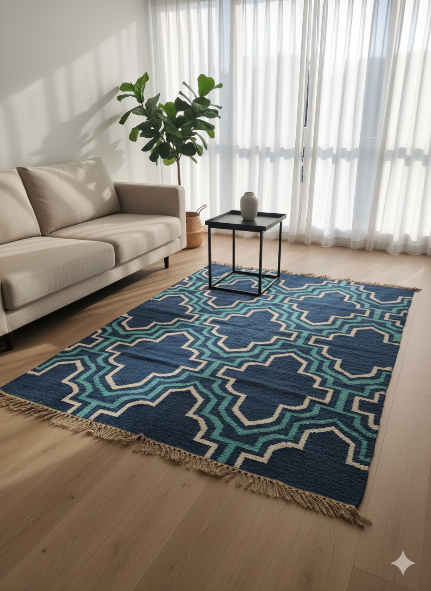 Blue geometric patterned rug on a wooden floor with a beige sofa and plant in the background.